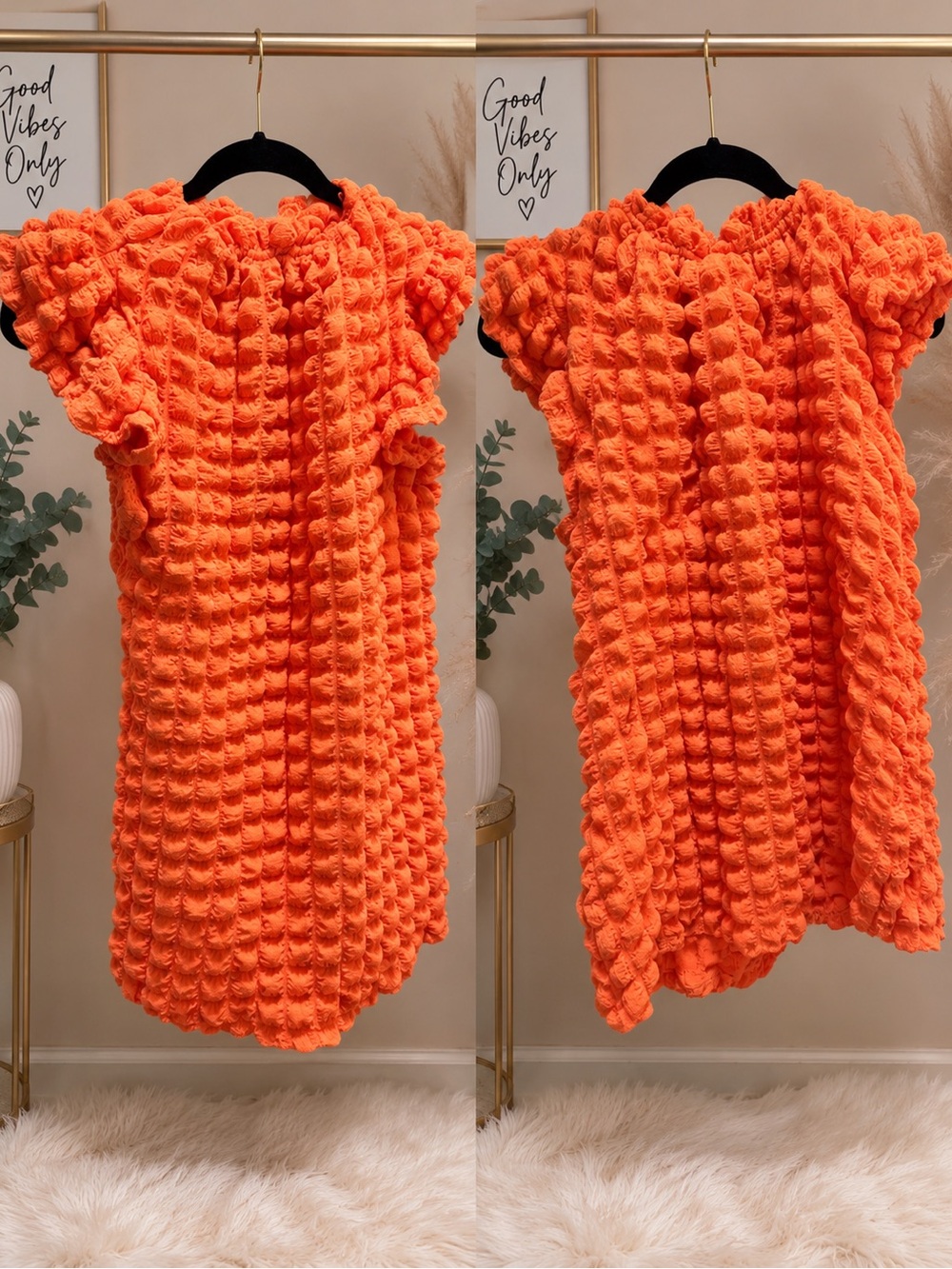 Textured Orange Bubble-Sleeve Blouse